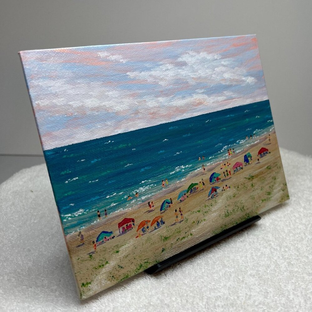 Beach Day 3 Seaside Acrylic Painting in Size 6" x 8" Landscape on Canvas Panel - Picture 3 of 6